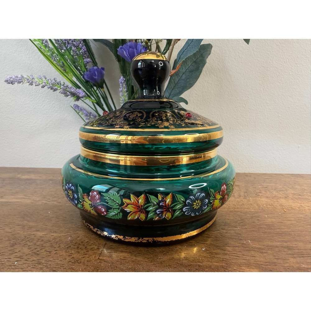 Vintage‎ Emerald Green Bohemian Art Glass Candy Dish Gold Enamel Retro Decor
